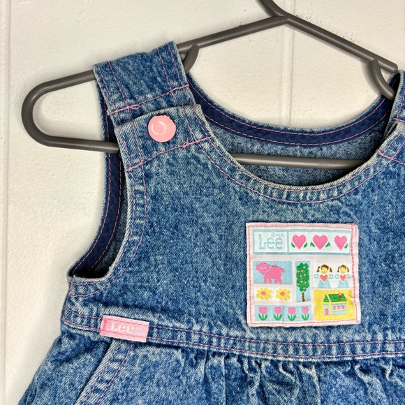 🩷VINTAGE 90’s LEE Baby Denim Overall Dress Girly 18 Months Hearts Embroidered - Picture 1 of 7